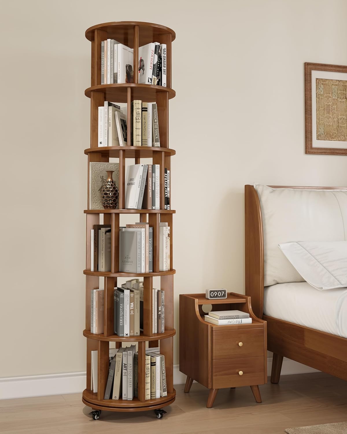 Rotating Bookshelf, 6-Tier Solid Wood Revolving Bookcase on Wheels, 360° Spinning Bookshelf Tower with Lockable Casters, Tall Round Book Tower for Home Office, Living Room, Bedroom, Walnut
