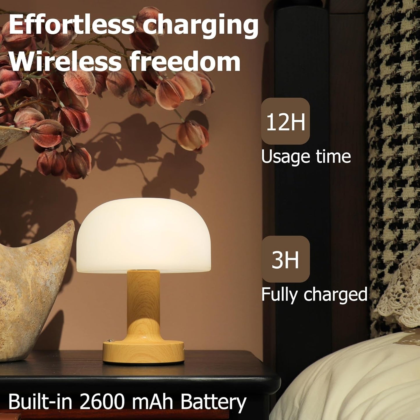 Small Mushroom Table Lamp, Cordless Night Light with 2600mAh Rechargeable Battery, Stepless Dimming Desk Lamp with 3 Colors for Bedroom/Patio/Living Room (White-1)