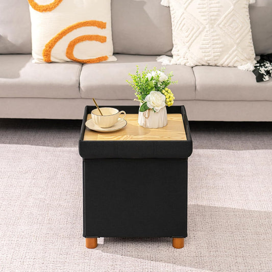B FSOBEIIALEO Storage Ottoman with Tray, Foot Stools and Ottomans with Legs, Storage Cube Seat Linen Black 15"