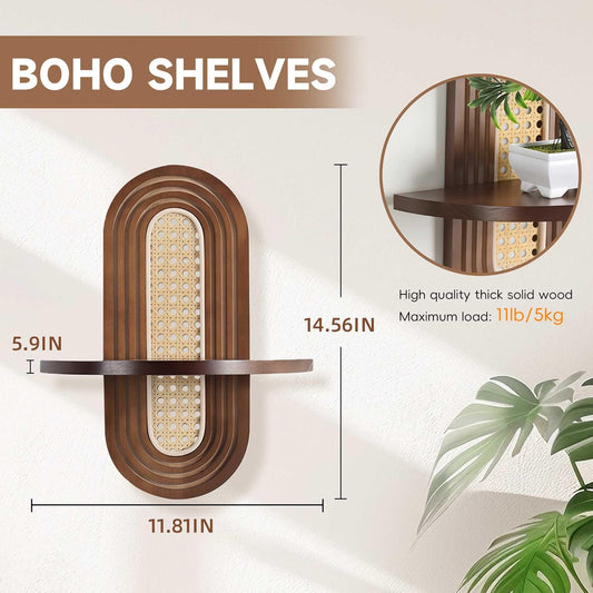 2 Pcs Wooden Arched Floating Shelf, Natural Wood Floating Shelves for Wall, Boho Rattan Wall-Mounted Shelf for Bedroom, Living Room, Nursery and Home Office, Decorative Book and Plant Display