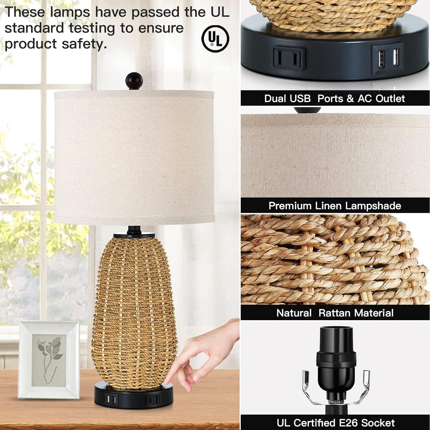 Touch Control Rattan Table Lamp, 3 Way Dimmable Bedside Lamp for Bedroom with 2 USB Ports and AC Outlet, Nightstand Lamps for Living Room(LED Bulbs Included), Grass-1PK