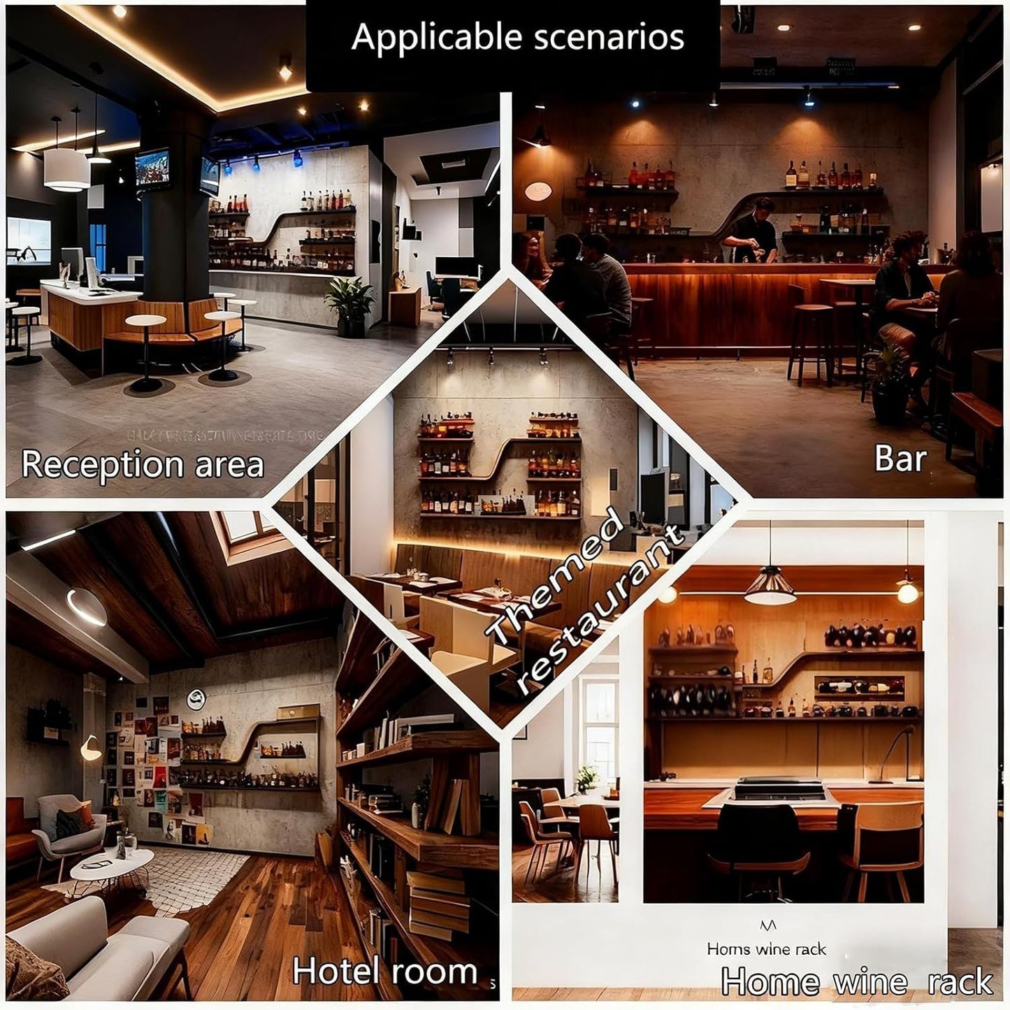 Modern Wall Mounted Wine Rack with Blue LED Light, 3-tiers Metal Curved Bar liquor Bottles Display Shelf, Large Floating Bar Shelves Storage for Home bars, kitchens Coffee Shop (Black, 47in)