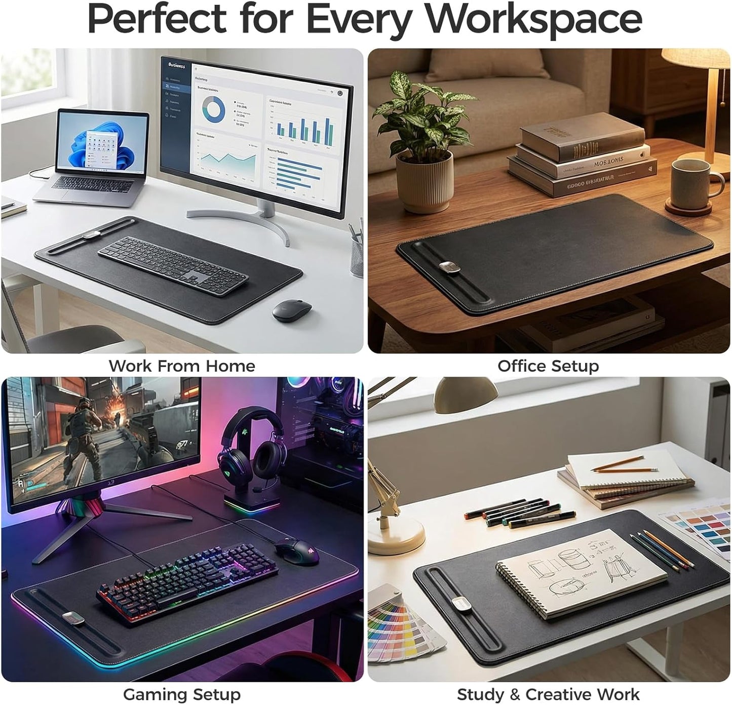 Premium Double-Sided Faux Leather Desk Pad – Non-Slip, Waterproof, with Magnetic Cable Organizer & File Storage – Designed for Offices & Creative Spaces – Durable & Easy to Clean(Black)