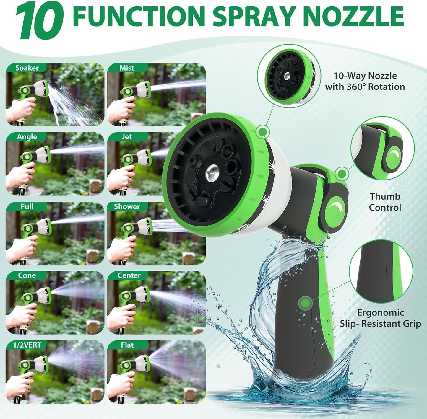 Garden Hose 100 ft Water Hose Flexible Non-Expandable Outdoor Heavy Duty Lightweight Leakproof Kink-free flex Watering Hose Pipe with Nozzle for 3/4 inch Fitting Yard Lawn Outside Car Wash