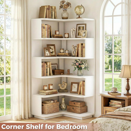 Corner Book Shelf, 6-Shelf Corner Bookshelf for Small Corner Spaces, L-Shape Bookcase Corner Display Shelf for Home Office, Living Room, Bedroom, White