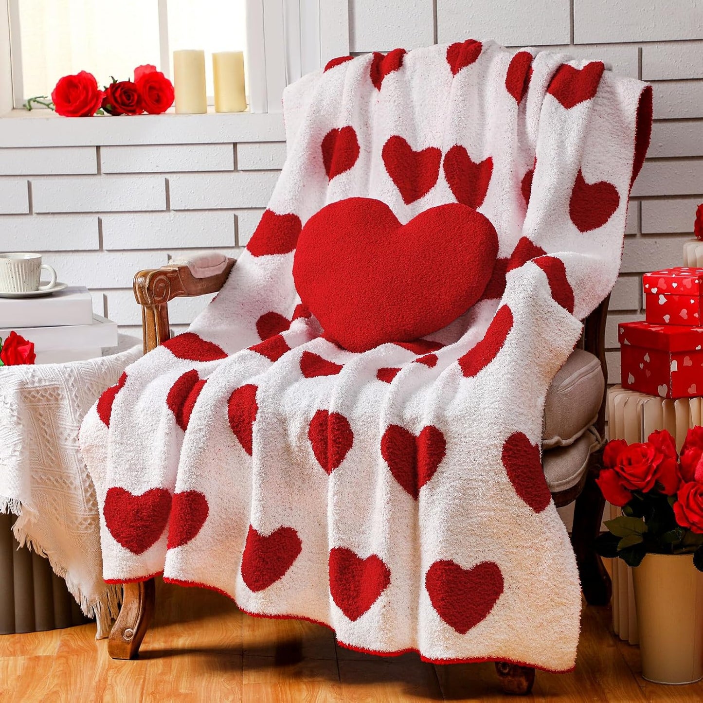 Valentine's Day Throw Blankets Pillow Gifts Set Valentines Gift Include Double Sided Flannel Blanket 50 x 60 Inch and Plush Throw Pillows Cushion for Couch Sofa Bed Decorations