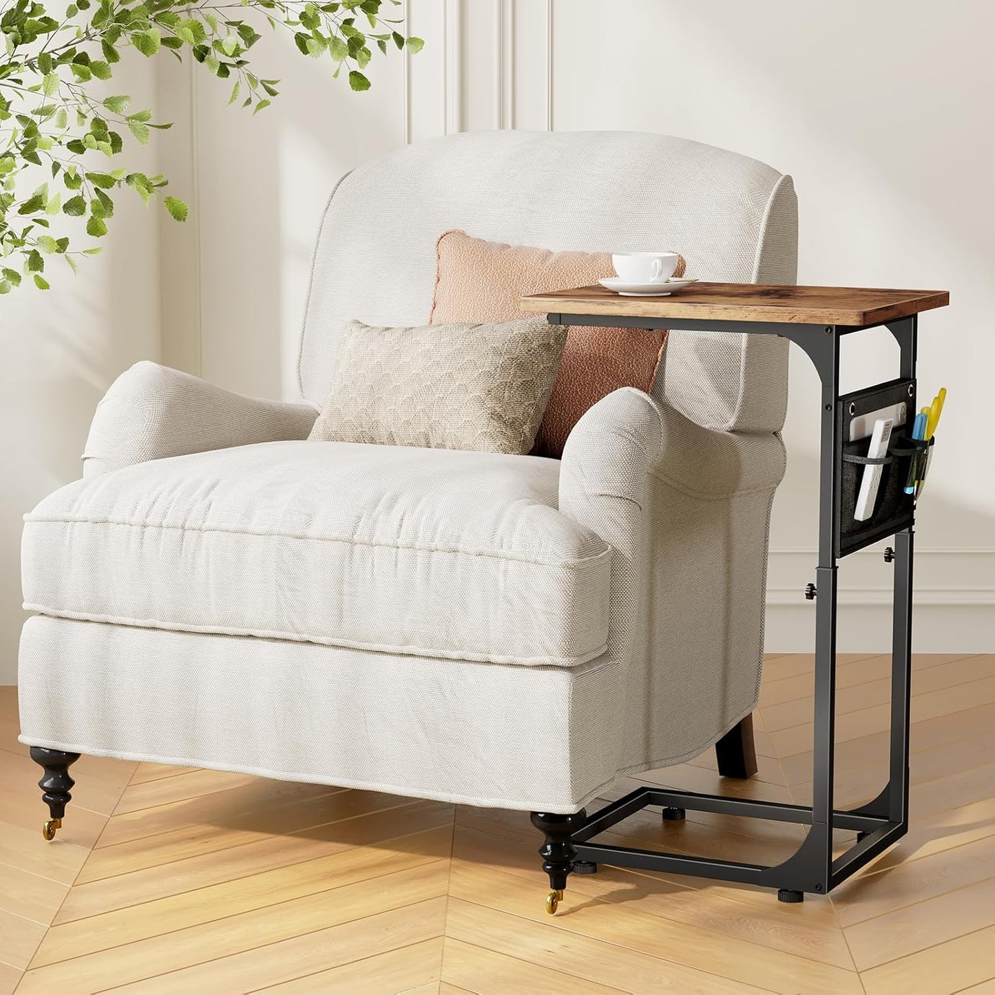 Fixwal C Shaped End Table Adjustable Height Side Table for Couch, TV Tray with Storage Bag Slide Under Sofa Small Tables for Living Room, Bedroom & Office, Rustic Brown