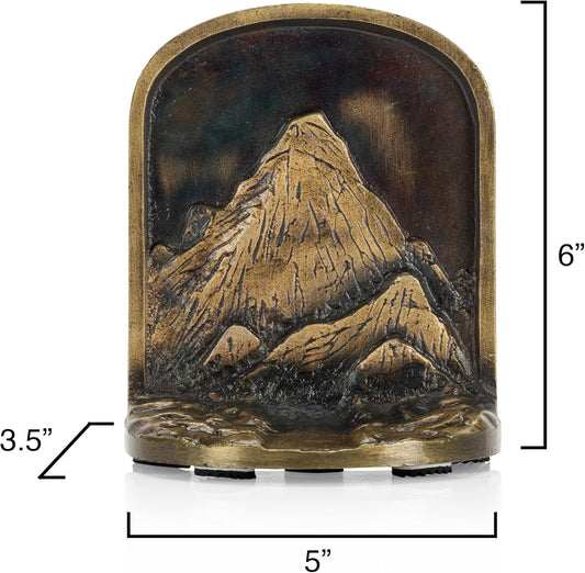 CRAFTSMAN ROAD Cast Iron Mountain Bookends Set, Antique Brass Book Ends, 2 Decorative Book Holders for Shelves or Bookcase, Stylish Brass, Non-Skid Anti-Slip Heavy Duty, Home Décor Gift