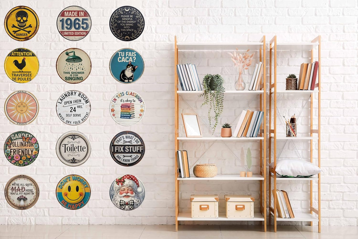 AWISZZZ We're All Mad Here Metal Sign 8x8in Round Literary Plaque for Library Wall Decor Alice Gift