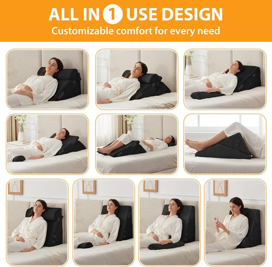 3PCS Wedge Pillow Set for After Surgery, Adjustable 9&12 Inch Bed Wedge Pillow for Sleeping, Incline Pillow Wedge for Headboard, Post Surgery, Acid Reflux, Neck&Back Support, Plush Black