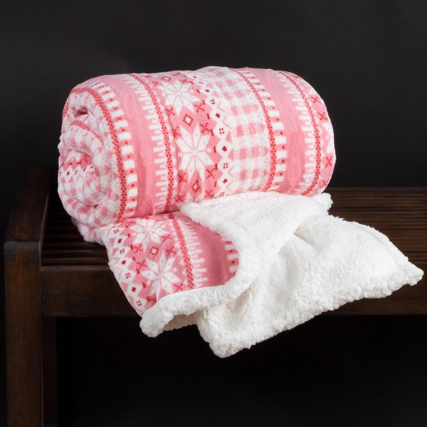 Reversible Fleece Blanket - 50x60-Inch Machine-Washable Sherpa Throw with Snowflakes - Cozy Blanket for Couch, Chair, or Bed by Lavish Home (Pink)