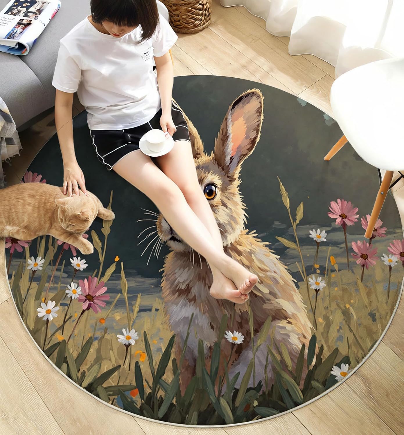 Round Rug for Kids Room, Nature Rabbit Grass Round Rugs 5.25Ft, Animals Oil Painting Circle Rug, Olive Green Washable Circle Carpet for Living Room Bedroom, Non Slip Low Pile Thin Area Rugs