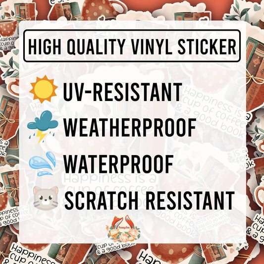 (3Pcs) Happiness is A Cup of Coffee and A Good Book Sticker Reading Lover Nerd Book Addict Bookish Quote Decal Waterproof Vinyl Stickers Adult for Kindle Laptop Mug Phone Water Bottle - Size 3”x2.9”