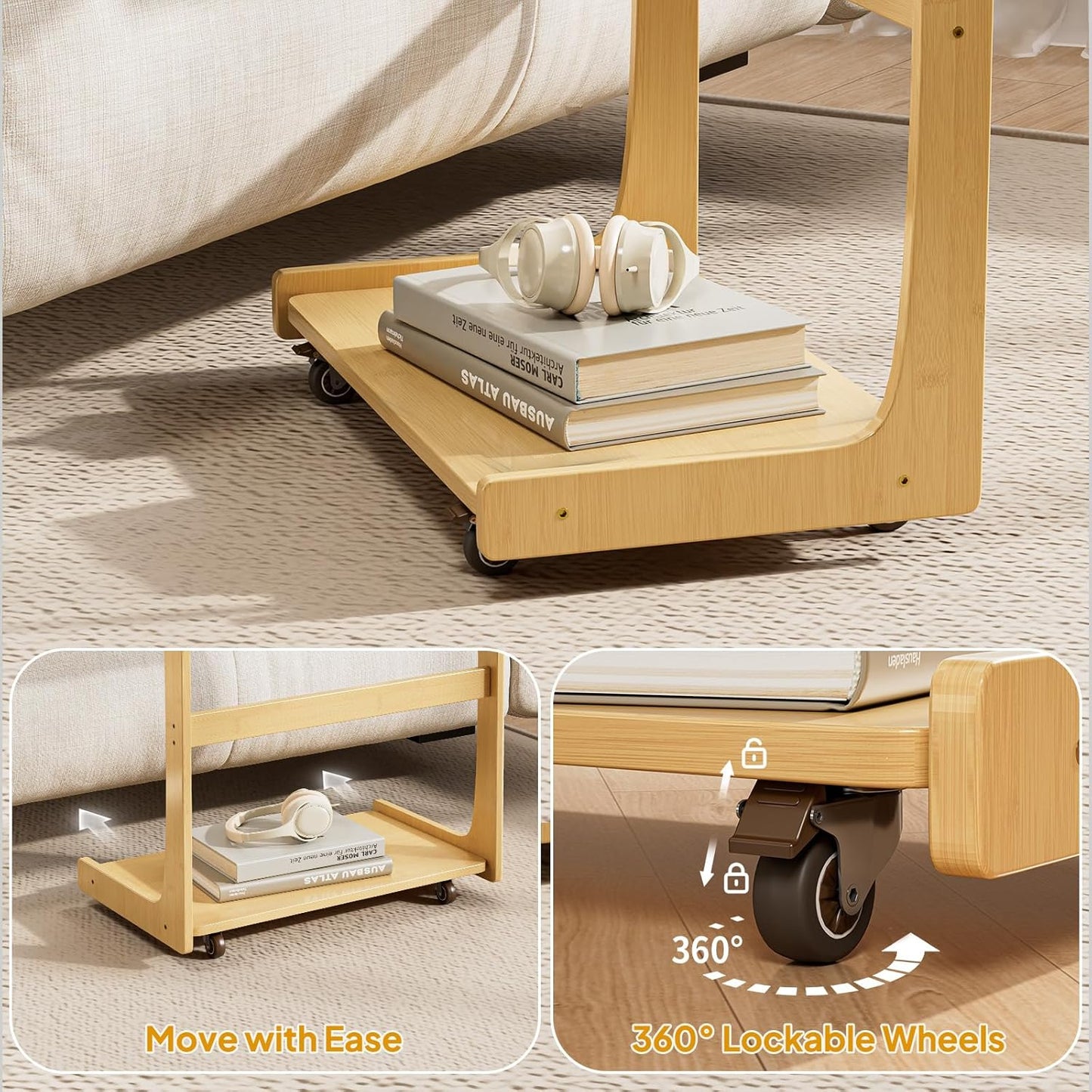 C Shaped Side Table, Rolling Bamboo End Table with Adjustable Tilt Top & Storage Shelf, Small Couch Table with Wheels for Living Room, Bedroom, Natural