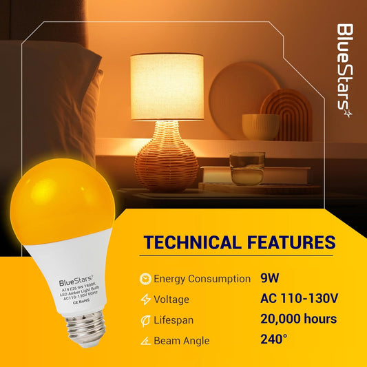 BlueStars Amber Sleep Light Bulbs Blue Light Blocking A19 9W (60 Watt Equivalent) 1800K Warm Lighting with E26 Base - Amber Soft Light Bulb for Restful Sleep Bedroom Kids Room Reading - 4 Packs