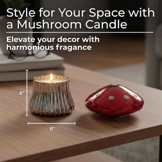 Glass Candle Accent – Candle for Relaxed Ambience, Living Room or Bedroom Shelf or Table, Whimsical Mushroom Shape Home Decor With Cinnamon Scent Glow – 6" / 12 oz, Red & Silver Finish