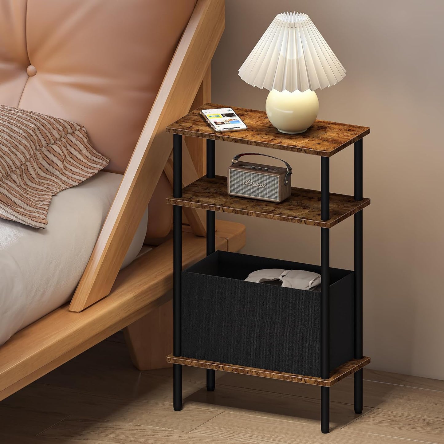 Narrow Side Table with Fabric Basket, End Table for Small Spaces, Slim Nightstand with 3-Tier Storage Shelf, Sofa Beside Table, for Living Room, Bed Room, Rustic Brown