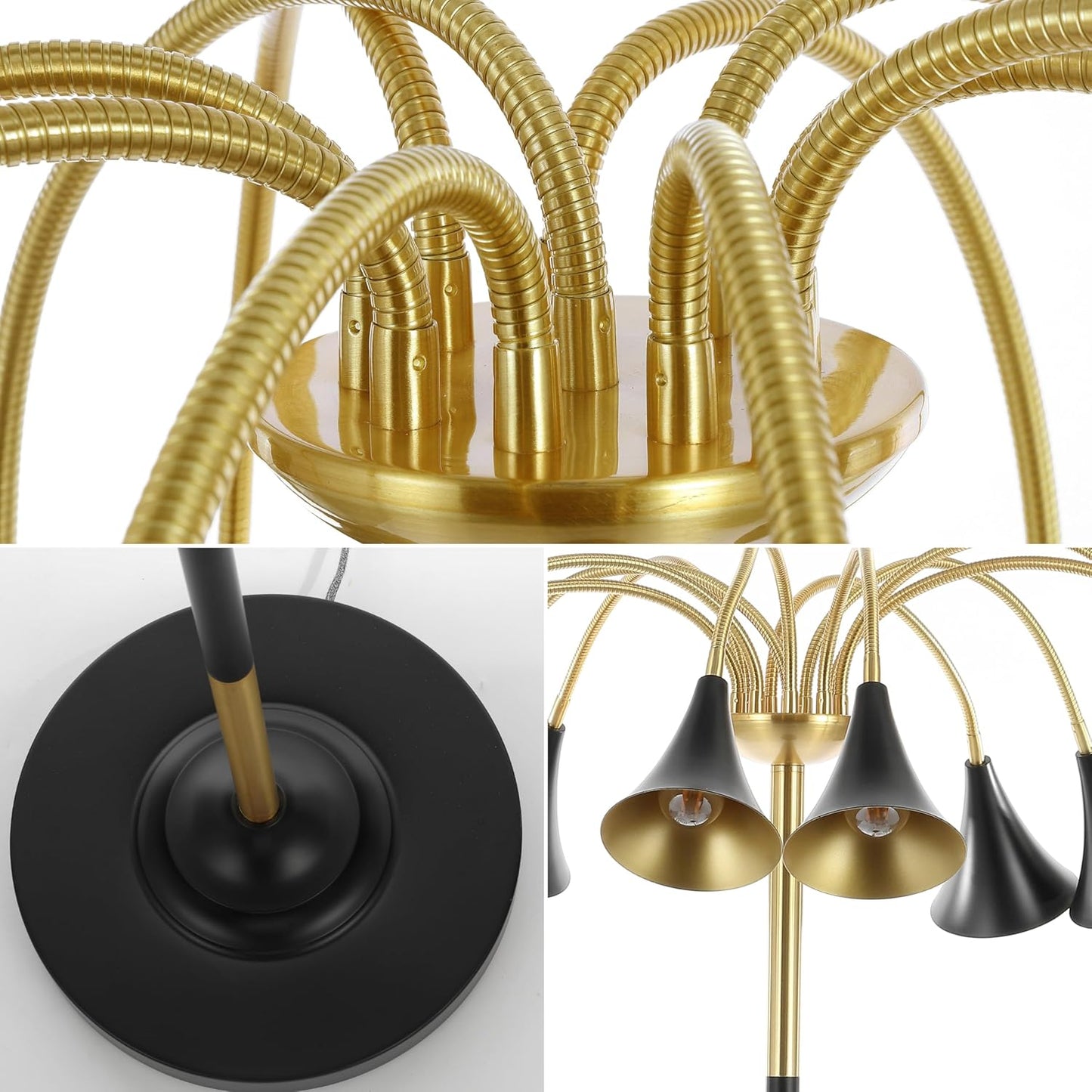 JONATHAN Y 61" Brass Gold/Black 10-Light Mid-Century Modern Floor Lamp, Medusa Multi Head Standing Lamp with Metal Shades for Living Room, Foot Switch, 10 LED Bulbs (JYL3096B)