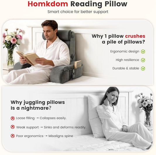Reading Pillow for Sitting in Bed Adult, 22" Back Pillow for Bed Sitting up with Armrests & Storage Pockets, Ergonomic Wedge Pillow for Watching TV, Gaming, Working, Recovery, 5PCS, Grey