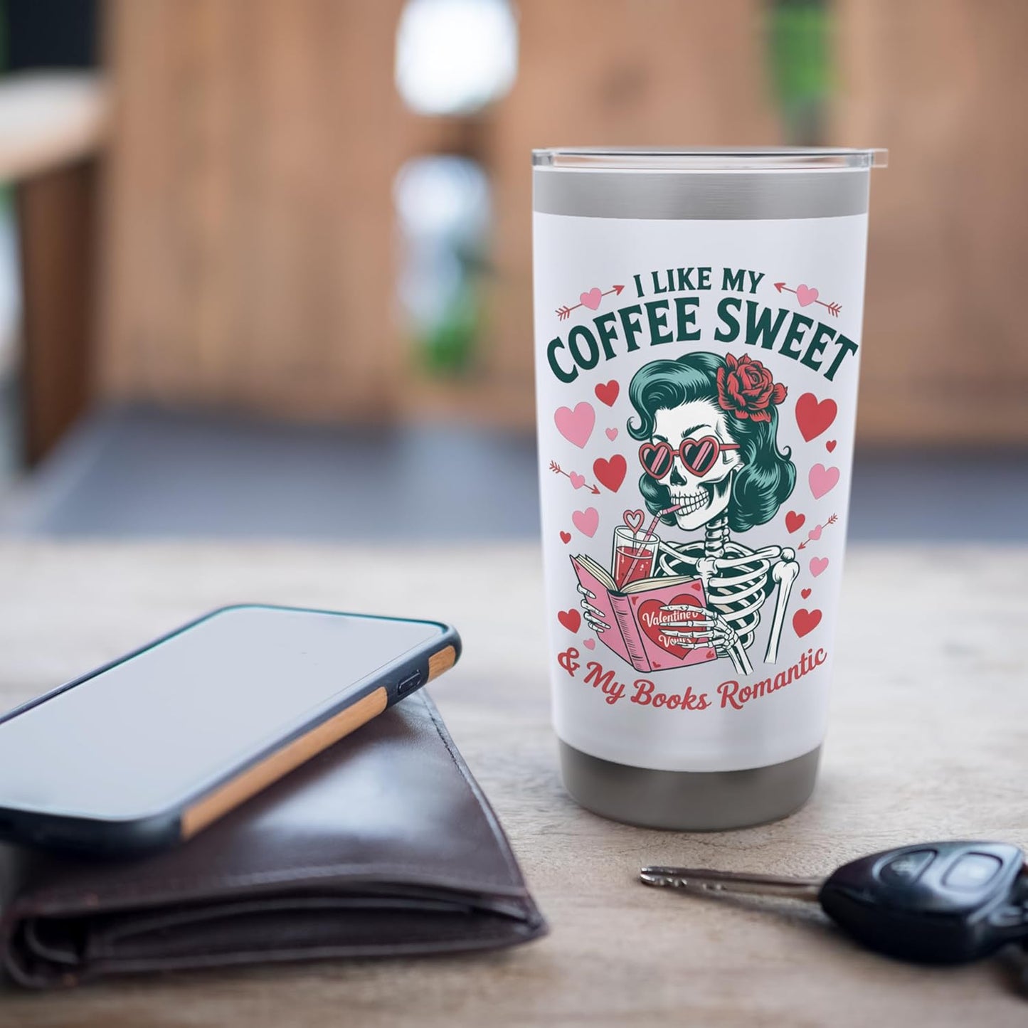 Coffee Sweet Books Romantic Skeleton Reader Vintage Style Stainless Steel Insulated Tumbler