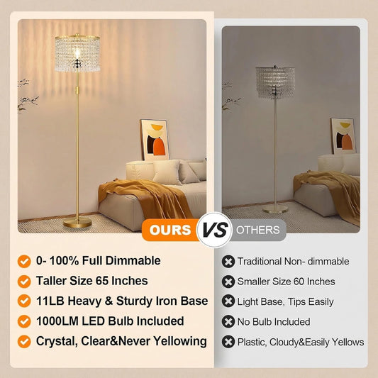 【Upgraded】 Dimmable Crystal Floor Lamps for Living Room, 1000LM LED Bulb Included, Standing Lamp with Knob Switch, Tall Gold Pole Light for Bedroom Nursery Office Corner Reading