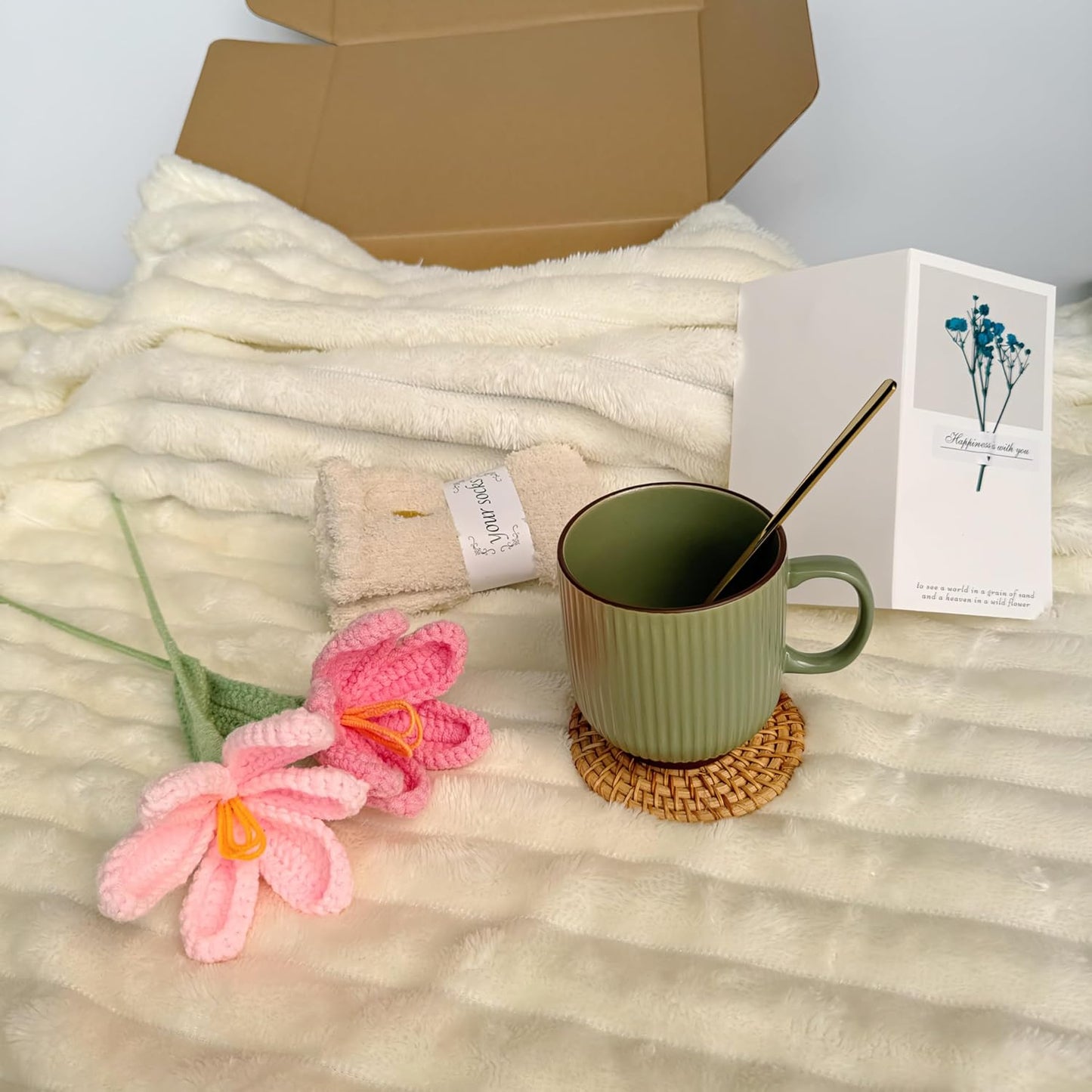 Self Care Gift Basket for Women – 8-Piece Thoughtful Present for Birthdays, Mother's Day, Graduation, Recovery, Mental Wellness, Knit Tulip Gift Throw Blanket,Self Love Box,Happy Birthday Gifts.