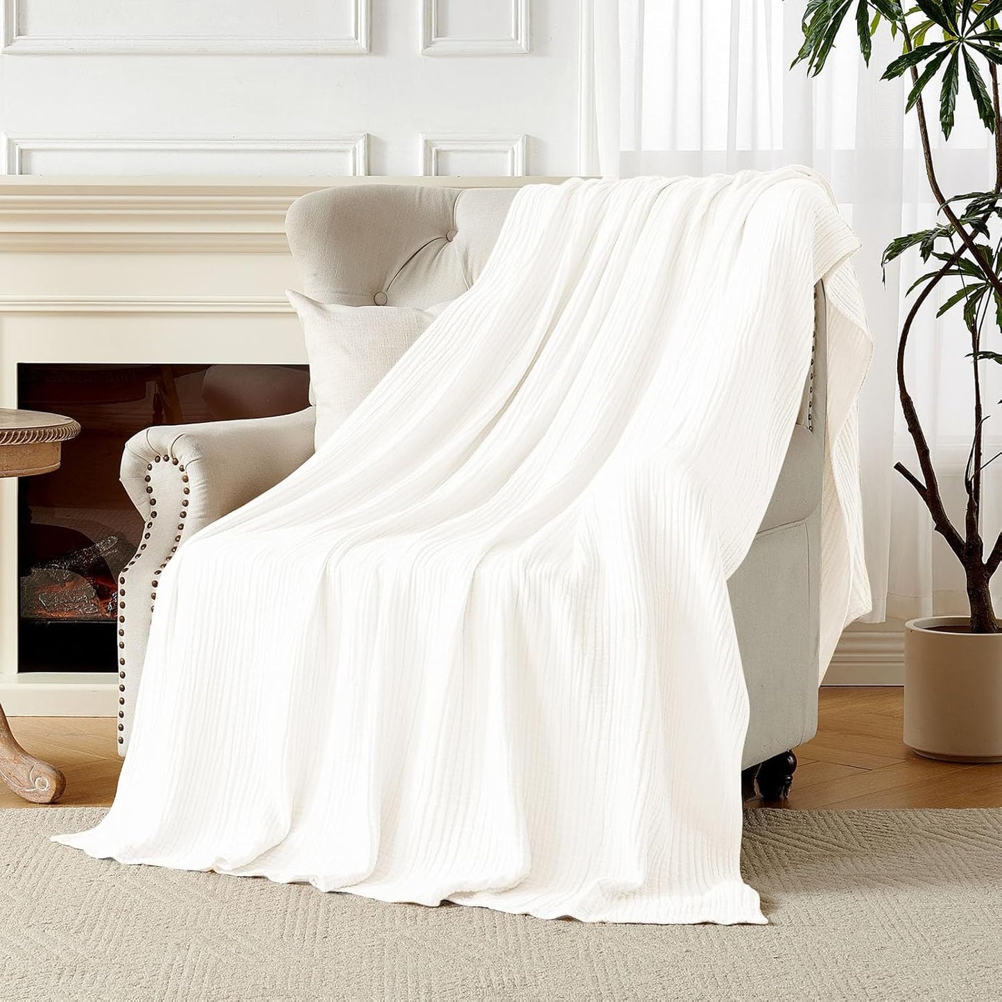 Joydeco 100% Cotton Muslin Throw Blanket for Couch Bed and Sofa, 4-Layer Lightweight and Breathable Soft Gauze Blanket for All Season, Luxury Throws Cotton Blanket Gift(White, 90"x90")