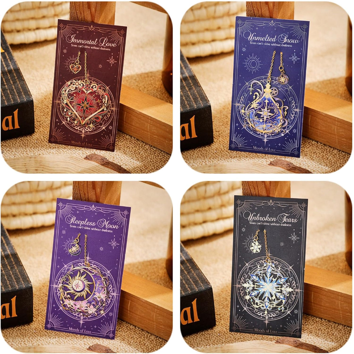 Metal Bookmarks Set 4pcs for Reading Women and Men, Stars and Moon Magic Reading Accessories, Fantasy Book Marks Gifts for Book Lovers Readers Kids Page