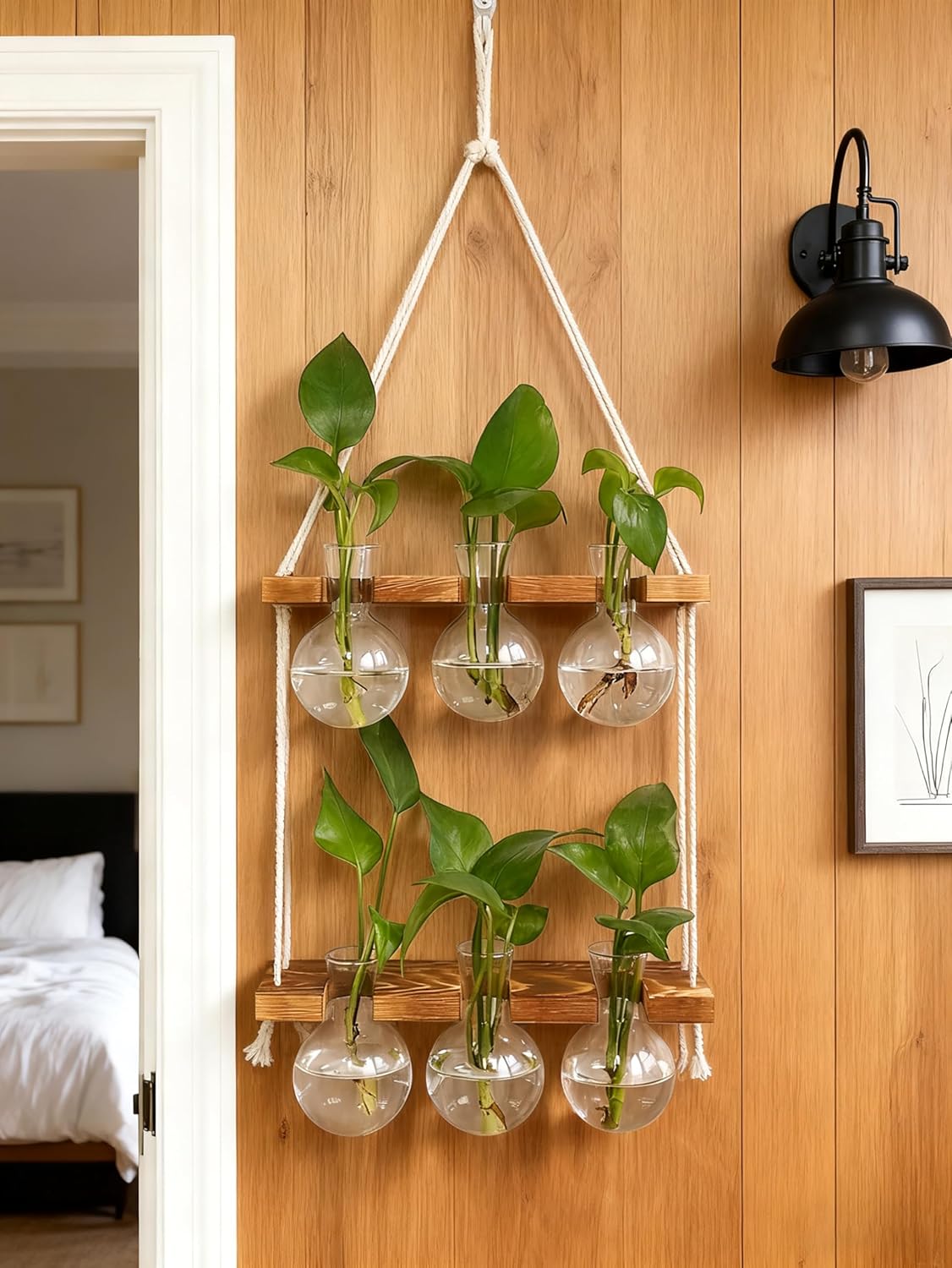 Plant Propagation Station Wall Hanging, Plant Terrarium with 2 Tiered Wooden Stand for Hydroponics Plants, Unique Gardening Gifts for Women Mom Plants Lovers - 6 Bulb Glass Vases