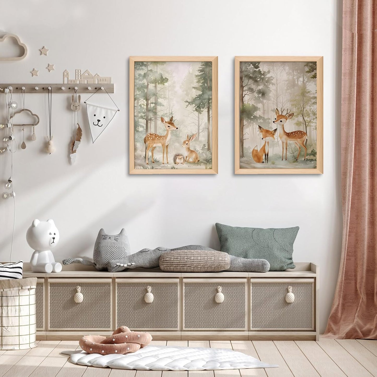 Framed Woodland Wall Art Set of 3, Wild Animals Nursery Wall Decor, Cute Bear Fox Deer Watercolor Canvas, Forest Animal Pictures Print for Baby Room Decor Home Decoration – 12X16 inch
