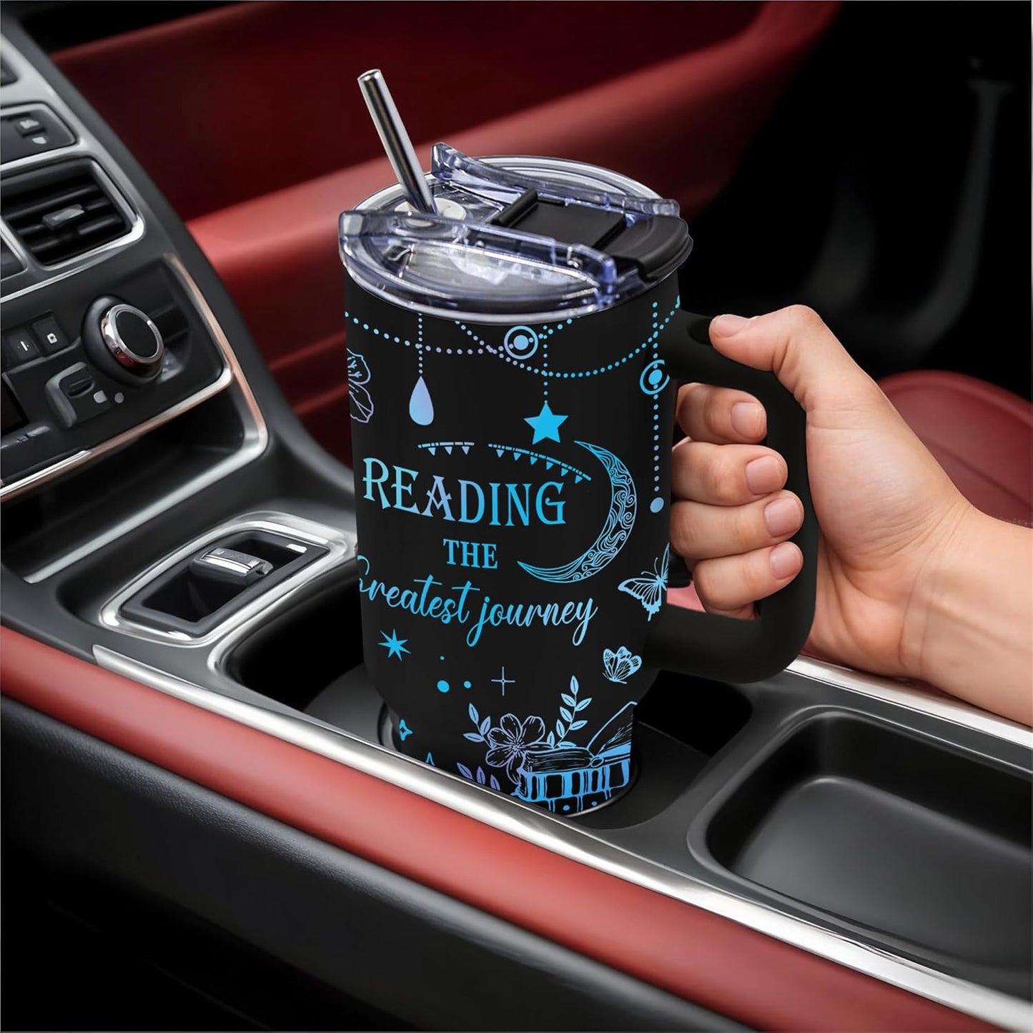 40oz Book Lover Tumbler with Handle and Straw, Insulated Stainless Steel Gift for Readers, Book Reader Gifts for Women, Christmas, Birthday Gift for Women, Friends, and Mothers