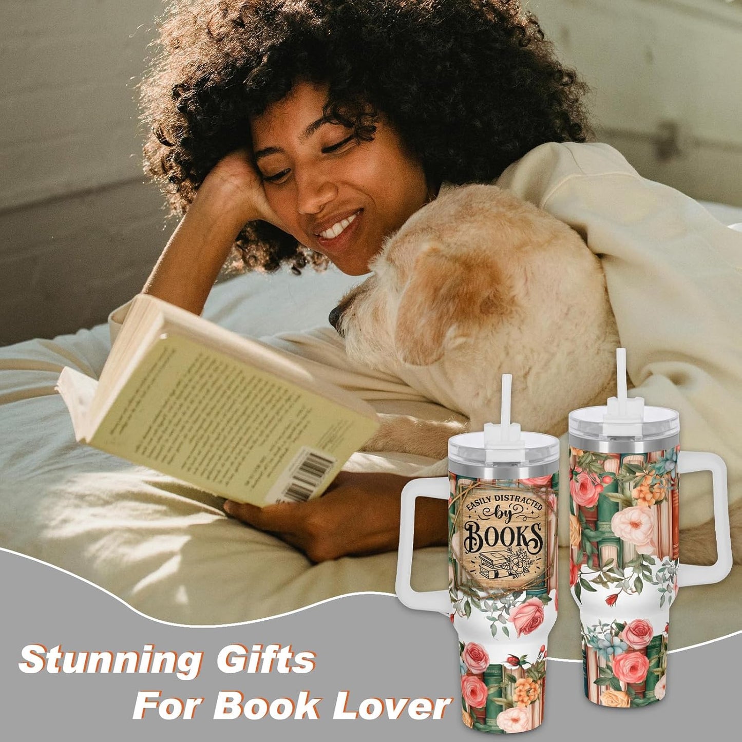 Easily Distracted By Books Book Lover Tumbler, Bookish Gift For Book Lover, Reader, Bookworm, Book-Themed 40 Oz Tumbler with Handle