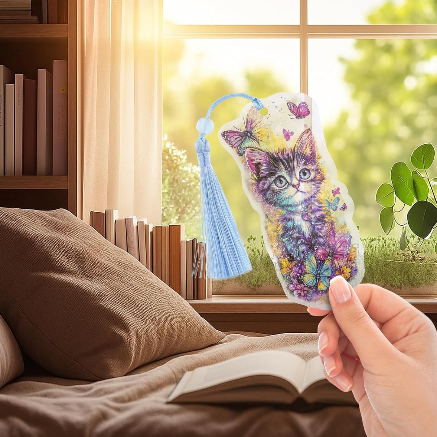Cute Cat Bookmarks Gifts - 4 Pcs Cartoon Cats Butterflies Bookmark with Tassels Stained Glass Book Marks Gift Office Home Supplies for Women Kids Reading Lovers Writers Teacher Students Reader