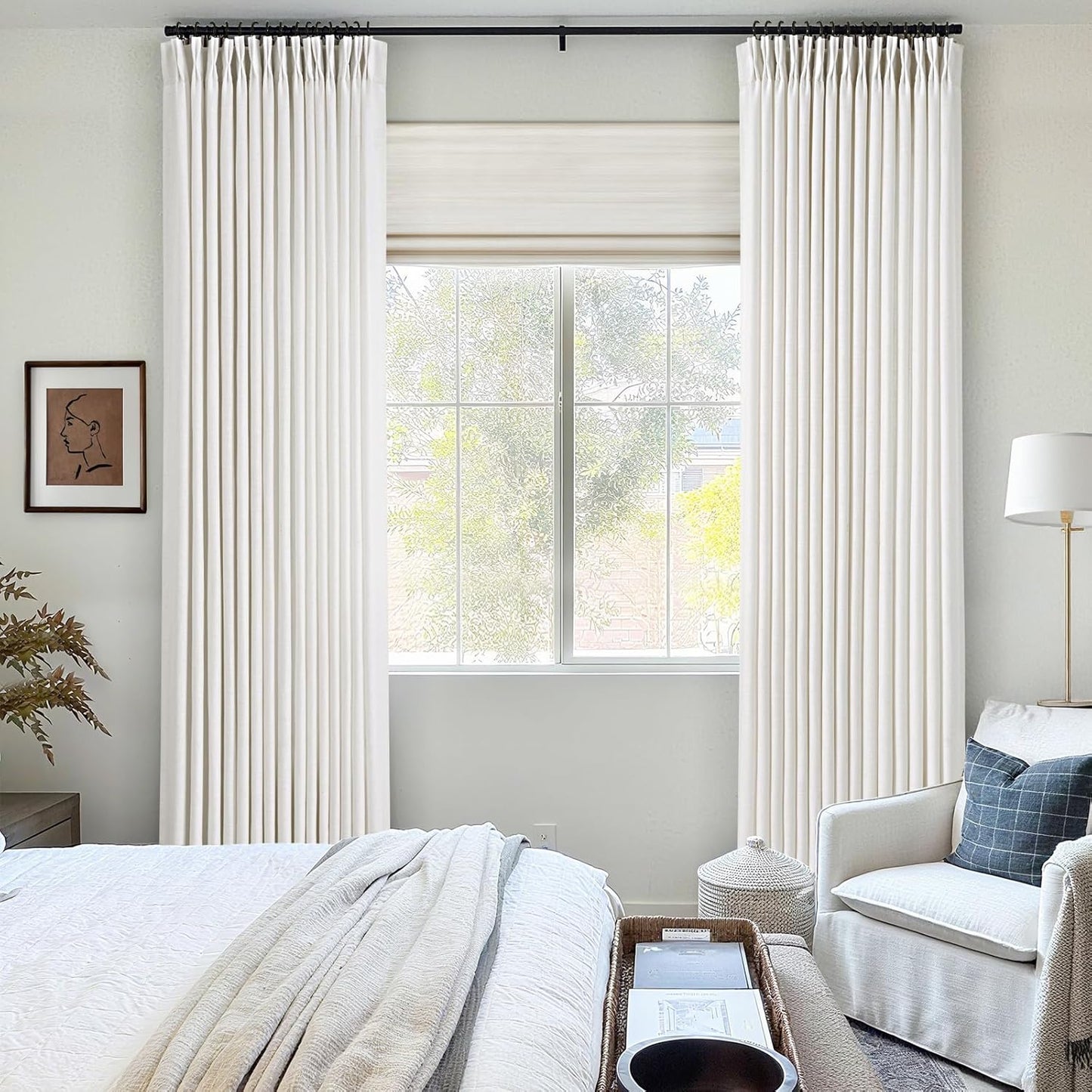 Pinch Pleated Linen Curtains 72 inches Long for Living Room Memory Training Shaped Natural Cream Light Filtering Semi Sheer Curtains 72 inch Length 2 Panel Set Modern Farmhouse Pinch Pleat Drapes