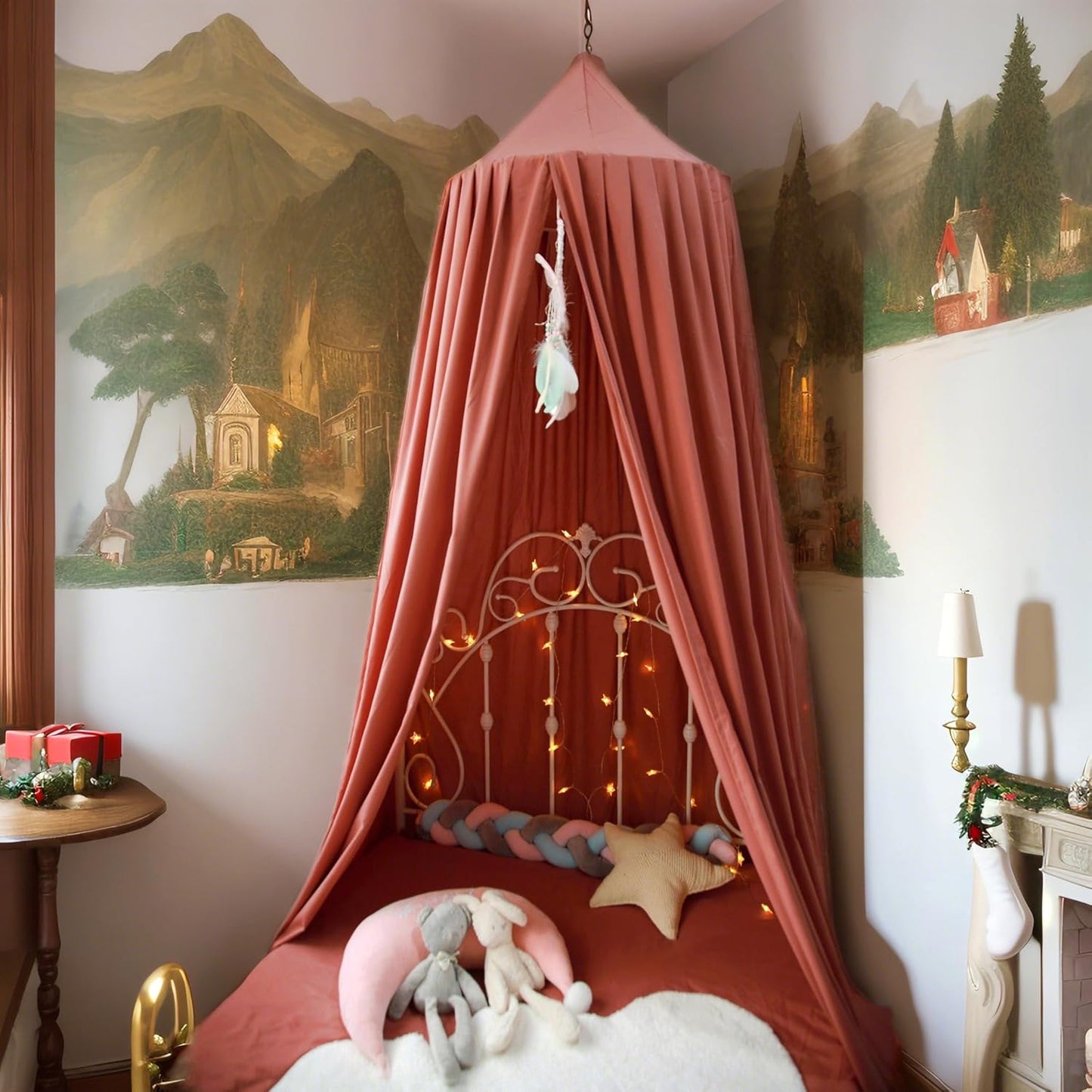 Princess Bed Canopy for Girls, Extra Large Hanging Canopy for Bed, Dreamy Play Tent for Girls Room Bedroom Decoration, Breathable Canopy Bed Curtain for Children Reading Nook - Rose Red