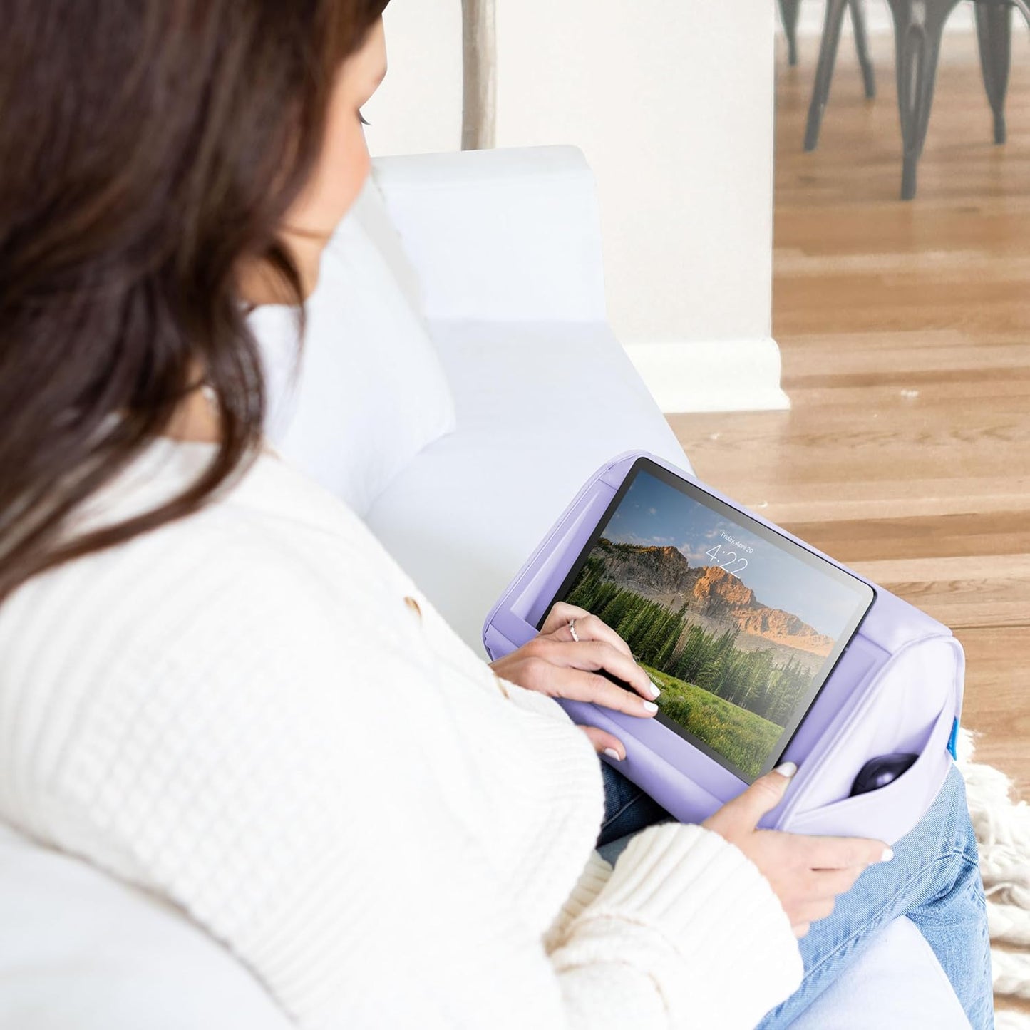 LAPGEAR Tablet Pillow Stand - 11" Slot for iPads, Galaxy Tabs, Kindles, E-Readers & Phones | Cushioned Holder with Storage Pocket & Handle | Purple Amethyst - Style No. 33102