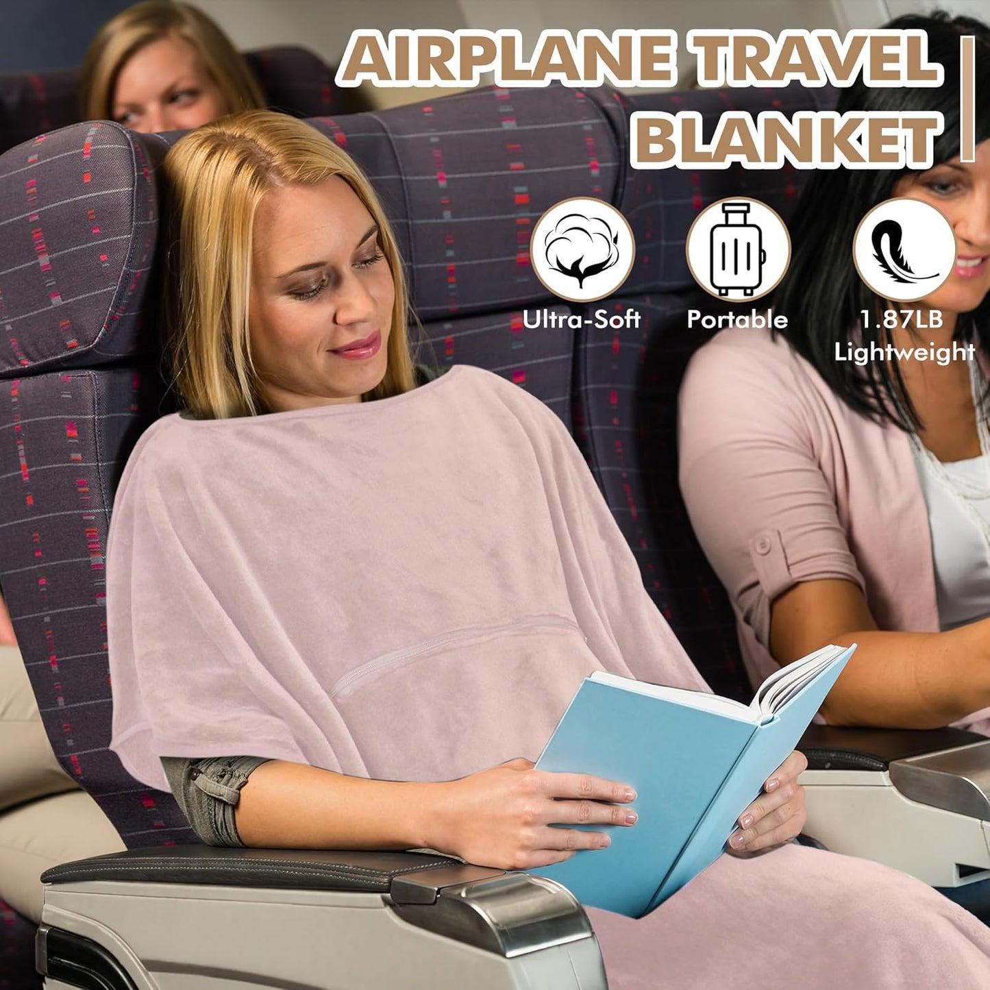 Tirrinia Travel Blanket Airplane Office Poncho 4 in 1 Premium Cozy Fleece Portable Poncho Blankets with Built-in Bag, Pocket