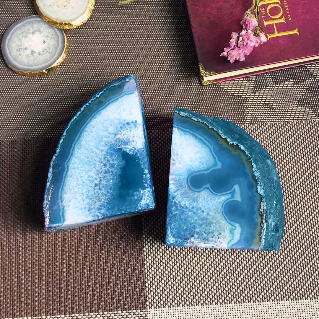 AMOYSTONE Teal/Green Agate Bookends, Heavy-Duty Large Book Ends for Heavy Books, Unique Sujetalibros 6-8 LBS with Rubber Bumpers, Perfect for Office Bookshelf and Home Decor