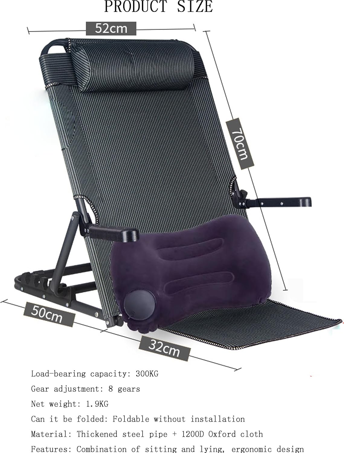 Adjustable Bed Backrest Bed Chair,Lifting Bed Backrest Support 8 Gears W/Headrest Pillows,Foldable Bed Chair Wedge for Camping (Without armrests)