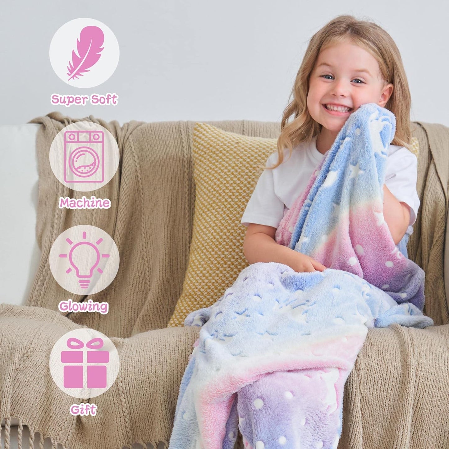 LAT Glow in The Dark Throw Blanket,Super Soft Fuzzy Plush Flannel for Girls and Boys Sleeping Snuggle Blanket,All Seasons for Bed or Sofa,50 * 60 Inch (Rainbow Unicorn)