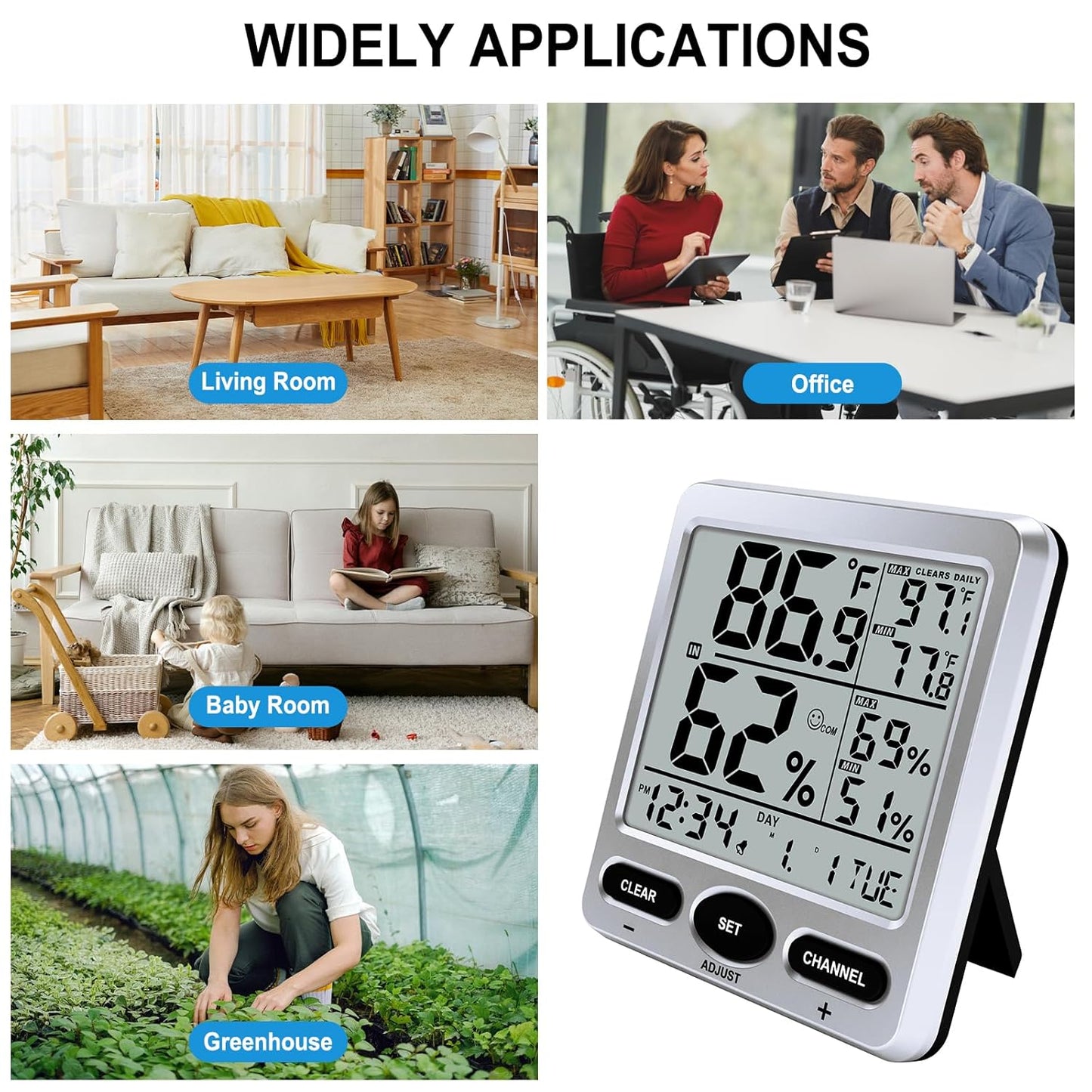 Urageuxy Hygrometer Thermometer Room Temperature Humidity Meter with Large Display, Min/Max Records, Alarm Clock, Time for Home, Greenhouse, Baby Room, Office, Cellar