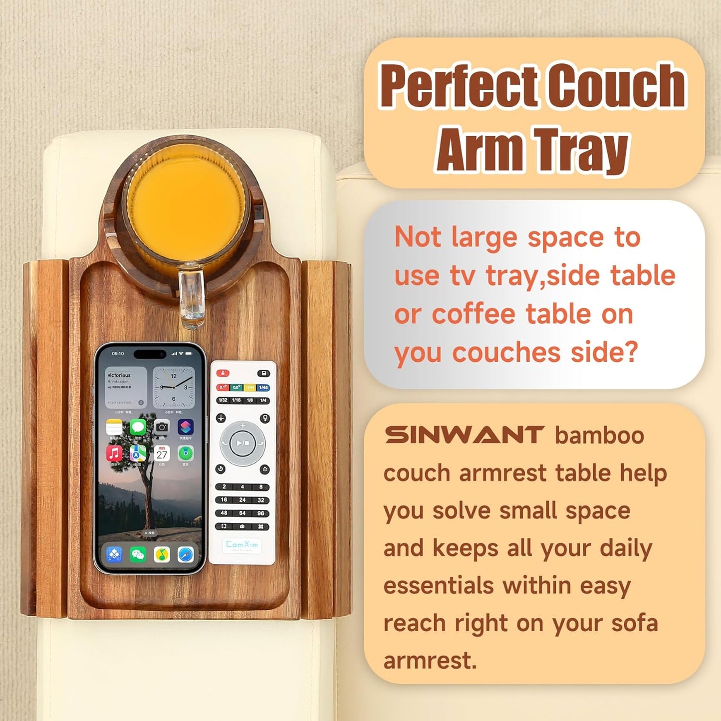 SINWANT Couch Cup Holder Tray,Acacia Wood Sofa Arm Clip on Tray Table with 360° Rotation Cup Holder,Foldable Anti-Slip Couch Armrest Table for Coffee Mug,Water Bottles,Snacks,Remote on Large Armrest