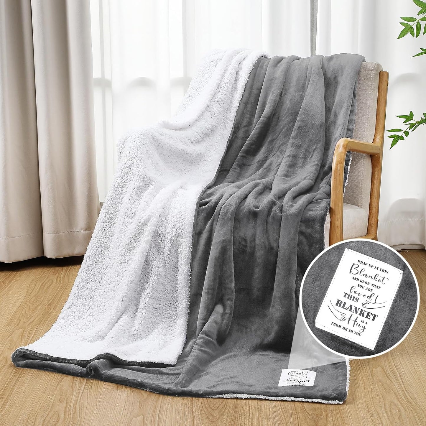 Moukeren Hug Sherpa Blanket for Women Men 60"x80" Healing Fleece Prayer Throw with Motivational Quotes Encourage Gift for Disabled Elderly Bedridden Hospital Chemo Patient Cancer Care Gift(Light Gray)