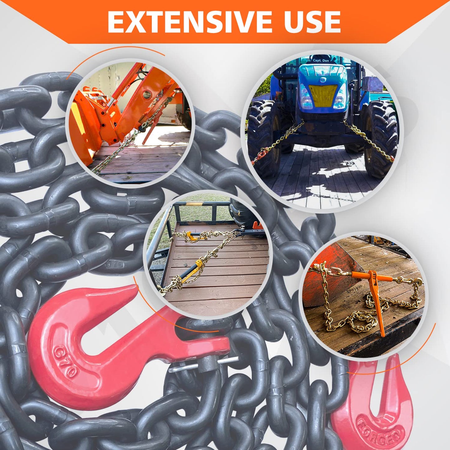 G80 Binder/Safety Chain 3/8 Inch x 10 Foot Transport Binder Chain with Clevis Grab Hooks 7,100 lbs Safe Working Load Logging Chain for Transporting Towing Tie Down Binding Equipment
