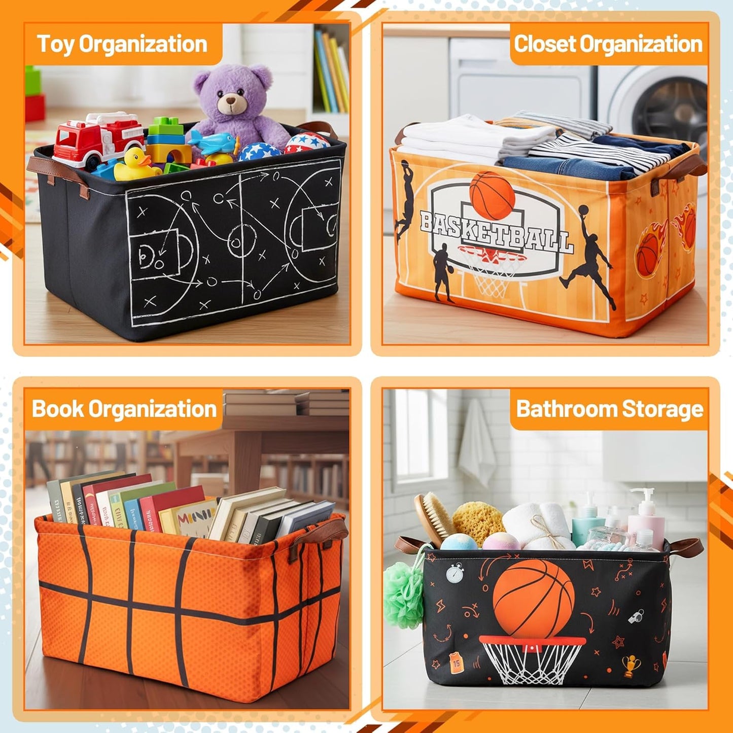 Basketball Storage Basket Bin - 4Pcs Balck Orange Large Fabric Organizer Toy Storage Bins with Handle Waterproof Collapsible Basket Closet Shelf Cloth Container for Nursery Boys Bedroom Home