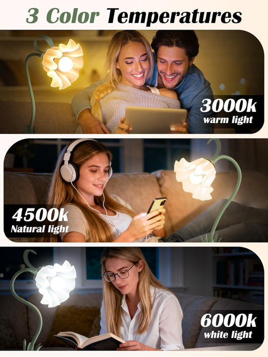 Clip on Light Flower Desk Lamp, LED Reading Light 3 Color Modes Eye-Caring Book Light Flexible Gooseneck Bedside Clip on Lamp for Desk Piano Office Bed Headboard Dorm (Green Lamp)