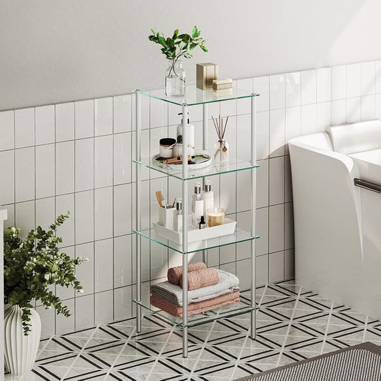 HOOBRO Glass Shelf, 4 Tier Bathroom Standing Shelf Unit, Tempered Glass Shelving Stand for Small Space, Perfume Stand Organizer, Space-Saving, for Bathroom, Bedroom, Steel Frame, Silver SV04CJ01