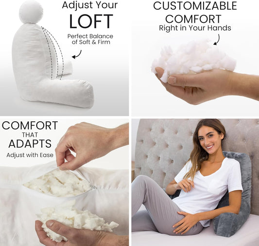 Husband Pillow Dark Grey, Standard+ Original Reading Pillow in Bed Rest Chair, Shredded Memory Foam Large Lounge Cushion Adult Backrest w/Arms, Comfy Back Support for Sit Sitting Up, Removable Cover