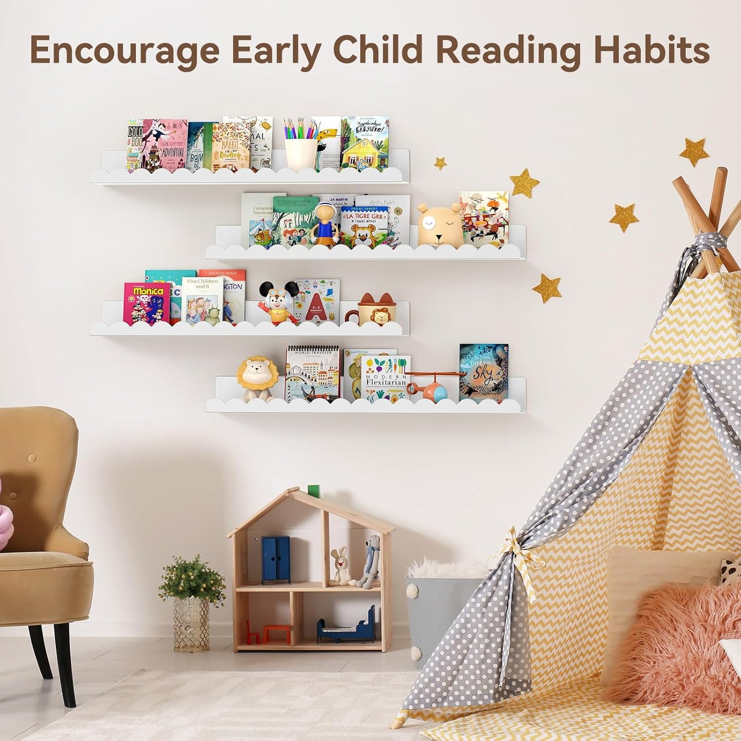 Floating Shelves for Wall, 23 Inch Metal Nursery Book Shelves 4 Pack, Wall Mounted Book Shelf for Kids Room, Bedroom, Bathroom, Playroom Decor (White)
