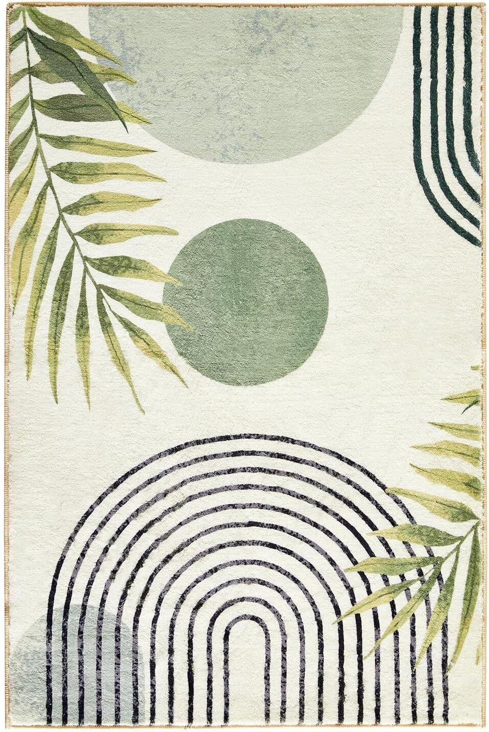RoomTalks Mid Century Modern Washable Rug, Green Boho Cute Aesthetic 4x6 Area Rugs for Bedroom Dining Living Room Kitchen, Abstract Tropical Leaves Non Slip Thin Indoor Entryway Rug Throw Carpet